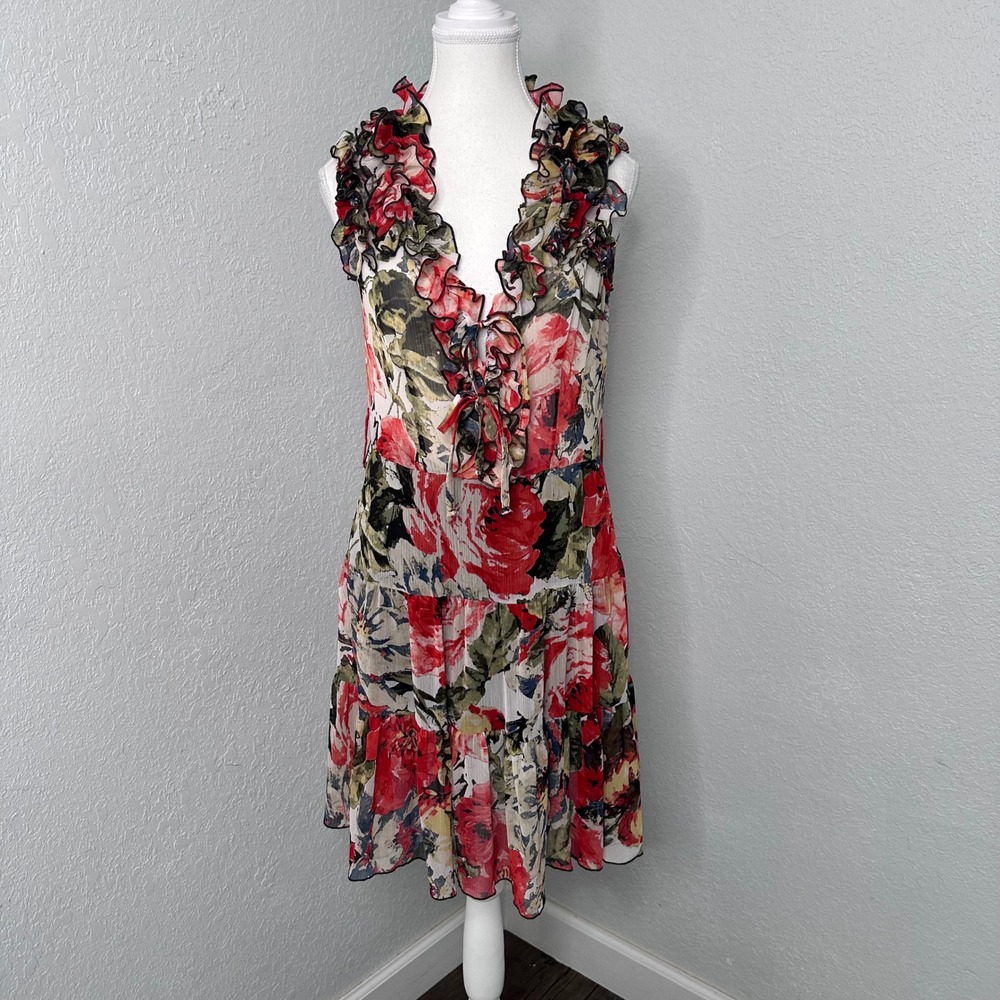 Floral Ruffle‎ V-Neck Tiered Sleeveless Dress Red Green Cream Multi Color